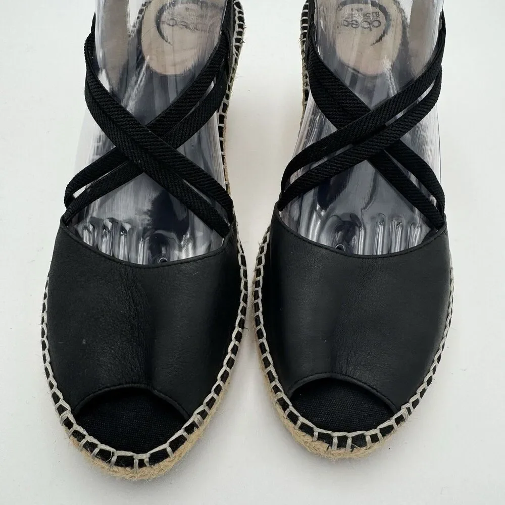 ABEO Delano Espadrille Wedge Sandal Black Leather Peep Toe Slip On 9N Crisscross
